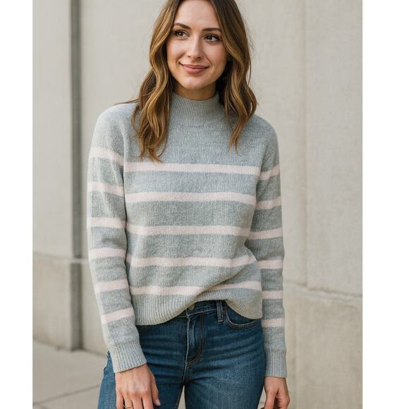 Amicale Cashmere SZ XS Gray & Pink Striped Ribbed Knit Cashmere Sweater NWOT - Picture 1 of 4